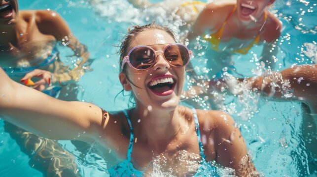 Summer background of Diverse group of individuals enjoys a swim in a pool on a sunny day