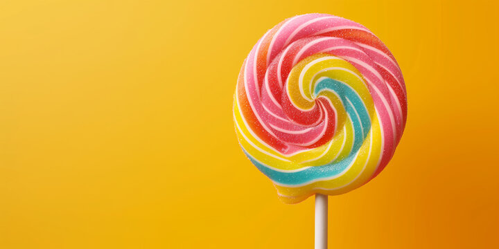 Bunter gedrehter Lolli am Stil mit farbigen Hintergrund und Platzhalter
