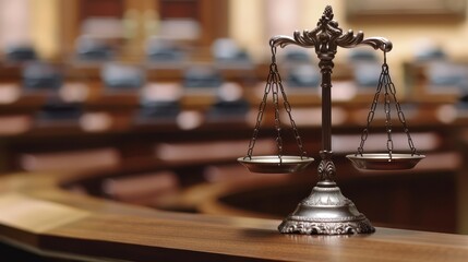 Antique and ornate Scales of Justice placed prominently in front of a blurred courtroom background