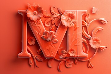 3D Render Letter M with Engraved Flowers on Orange Background