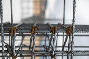 Construction steel rebar at building site.
