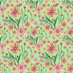Hand drawn watercolor seamless floral pattern on green