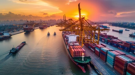 The photograph showcases a bustling harbor scene with cargo ships loaded with containers during a dramatic sunset - Powered by Adobe