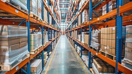 Fototapeta premium the interior of a modern, well-organized warehouse with tall shelves stocked with goods