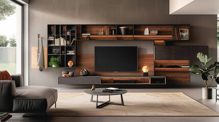 A tastefully decorated living room with a prominent wood floating shelf, enhancing the room's functionality and visual appeal