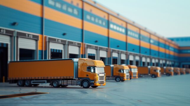 A fleet of yellow delivery trucks parked at a distribution center with colorful warehouse doors in the background