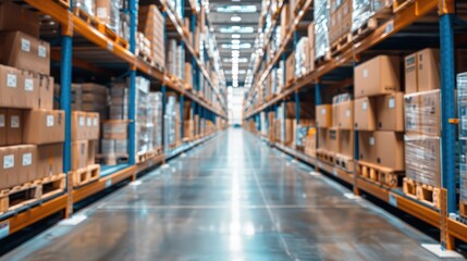 Inside look of a modern warehouse with blurry moving boxes, depicting swift logistics and supply chain movement