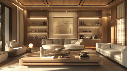 A vision of understated luxury in a modern living room, with a refined wood floating shelf as the centerpiece, adorned with artfully arranged decor and flanked by comfortable seating options, cre
