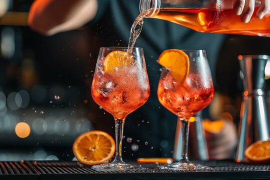 The bartender is pouring the red wine into an orange cocktail glass on a dark background, in a close up shot of hands