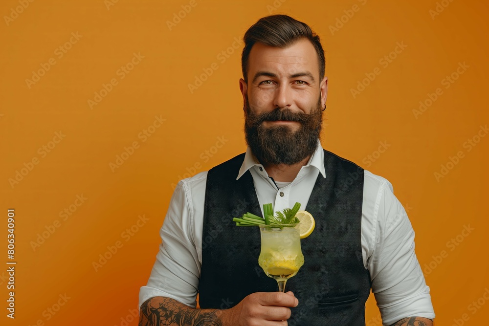 Canvas Prints Bearded bartender holding cocktail with lemon in hand, on orange background. Confident expression of barman or party host isolated over white wall.