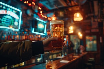 Naklejka premium Bartender holding glass with beer in hand, bar background