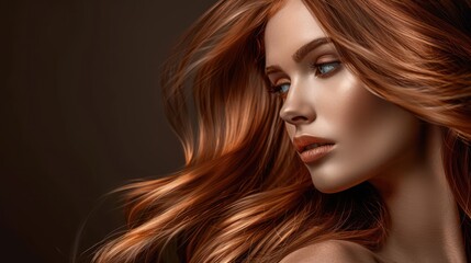 Naklejka premium An alluring redhead model with flowing hair exudes sophistication in a dramatic portrait