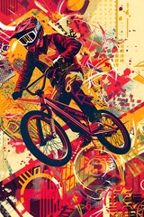 Naklejka premium bmx bicycle biker on green yellow abstract city background, concept of extreme sport style, world bicycle day