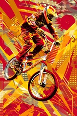 Naklejka premium bmx bicycle biker on red yellow abstract city background, concept of extreme sport style, world bicycle day