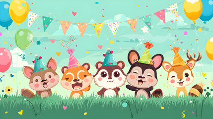 Naklejka premium Cute Animal Characters Celebrating a Party