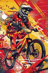 Naklejka premium bmx bicycle biker on red yellow abstract city background, concept of extreme sport style, world bicycle day