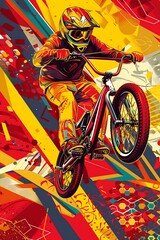 Naklejka premium bmx bicycle biker on red yellow abstract background, concept of extreme sport style, world bicycle day