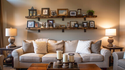 An inviting living room with a wood floating shelf serving as a focal point for displaying family photos and trinkets