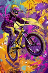 Naklejka premium bmx bicycle biker on purple yellow abstract city background, concept of extreme sport style, world bicycle day