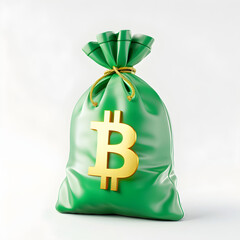 Green bag with gold bitcoin sign. Three dimensional icon on white background.