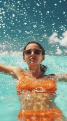 Summer background of A woman in an orange bathing suit standing in the water near the shore