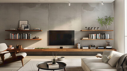 An inviting modern living room with a focus on a stylish wood floating shelf, showcasing a curated selection of books and decorative objects, agnst a backdrop of clean lines and muted tones, offerin