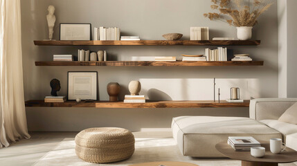 An inviting modern living room with a focus on a stylish wood floating shelf, showcasing a curated selection of books and decorative objects, agnst a backdrop of clean lines an