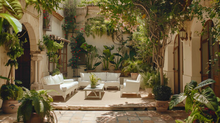 Fototapeta premium An inviting outdoor patio with crisp white furniture nestled among lush potted plants and hanging vines, offering a tranquil escape in the midst of nature