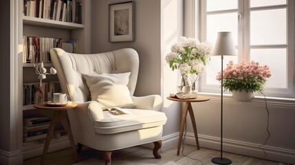 An inviting reading nook featuring a cozy white armchr pred with a small, elegant table, perfect for enjoying a good book and a cup of tea