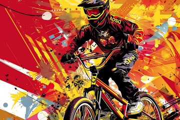 Naklejka premium bmx bicycle biker on red yellow abstract graphic background, concept of extreme sport style, world bicycle day