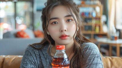 A young woman with long brown hair and brown eyes is sitting on a couch in a living room