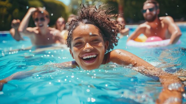 Summer background of Diverse group of people enjoying a swim in a pool on a sunny day