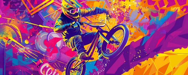 Naklejka premium bmx bicycle biker on purple yellow abstract city background, concept of extreme sport style banner, world bicycle day
