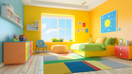 Vibrant children's bedroom with a playful color scheme, featuring bright yellow walls, colorful furniture, and a large sunny window.