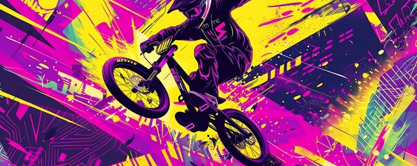 bmx bicycle biker on purple yellow abstract city background, concept of extreme sport style banner, world bicycle day