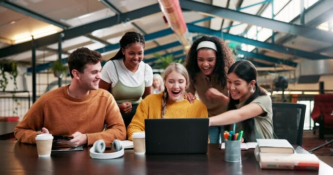 University, friends and students on laptop with success for good news, grades results and feedback on campus. Education, college and women and men on computer for academy pass, learning and studying