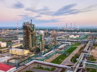 Fototapeta premium Sunset aerial view of an oil refinery.