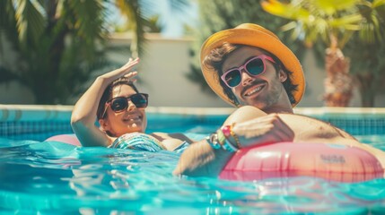 Summer background of A man and woman enjoy swimming in a pool on a sunny day