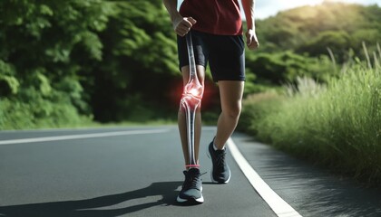 Runner in Pain with X-Ray of Tibia and Fibula Bones, Running on Asphalt Path with Greenery Background