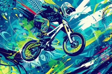 Naklejka premium bmx bicycle biker on green blue abstract city background, concept of extreme sport style, world bicycle day