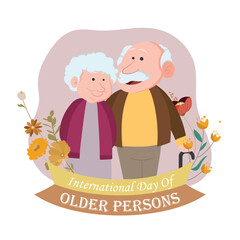 Old man hugging his wife. Romantic relationship concept. Hand drawn vector illustration