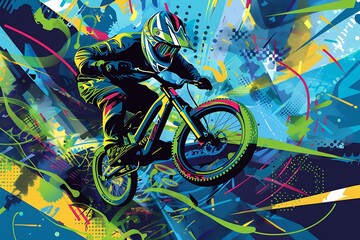 bmx bicycle biker on blue green abstract city background, concept of extreme sport style, world bicycle day