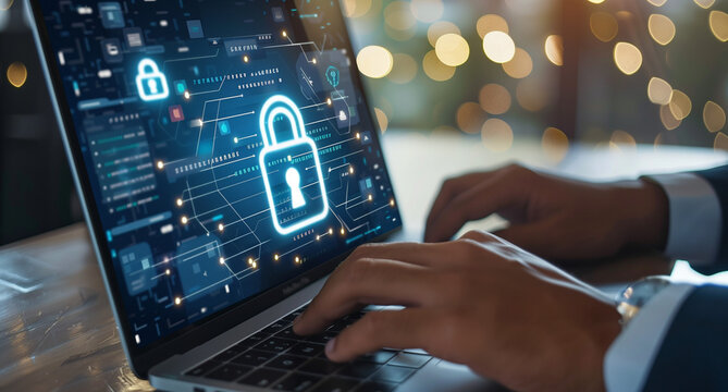 
Digital security concept, a businessman using a laptop with a virtual screen hologram of a crossed lock and shield icon for data protection in the style of business