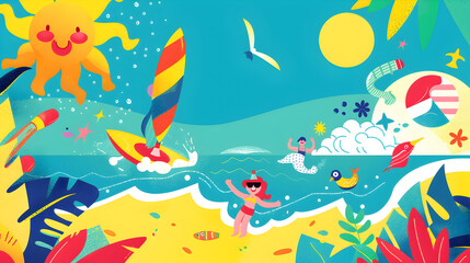 Colorful Beach Scene with Summer Activities Illustration
