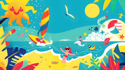 Fototapeta premium Colorful Beach Scene with Summer Activities Illustration