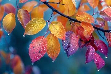 A dazzling display of rainbowcolored leaves and branches, each adorned with sparkling raindrops catching the morning light