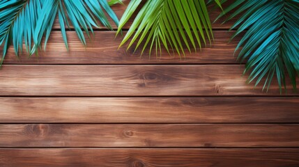 Summer background of Green palm leaves arranged on a wooden surface