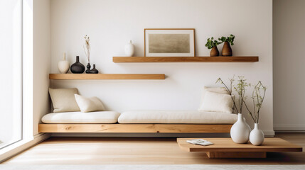 Embrace the serenity of a minimalist living room, featuring a wood floating shelf that adds warmth and character to the clean, uncluttered aesthetic of the space