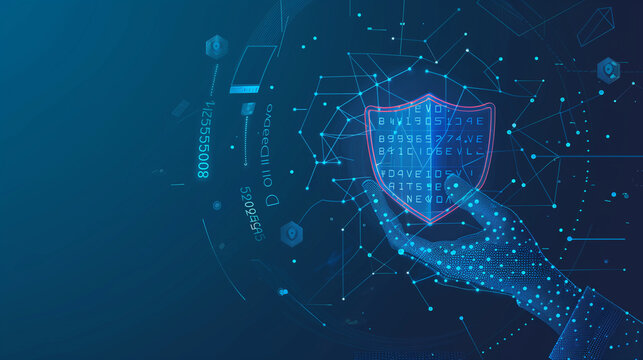  a businessman holding a virtual security shield icon with binary code on a dark blue background, 