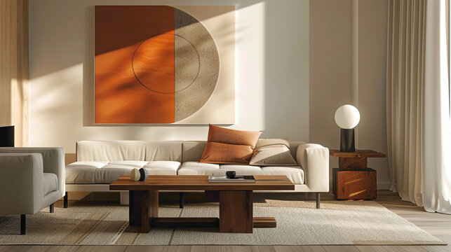 Enter a chic living room exuding modern flr A large mock-up poster graces one wall, while a wooden coffee table stands elegantly, featuring a fashionable ball lamp that casts a soft, inviting glow